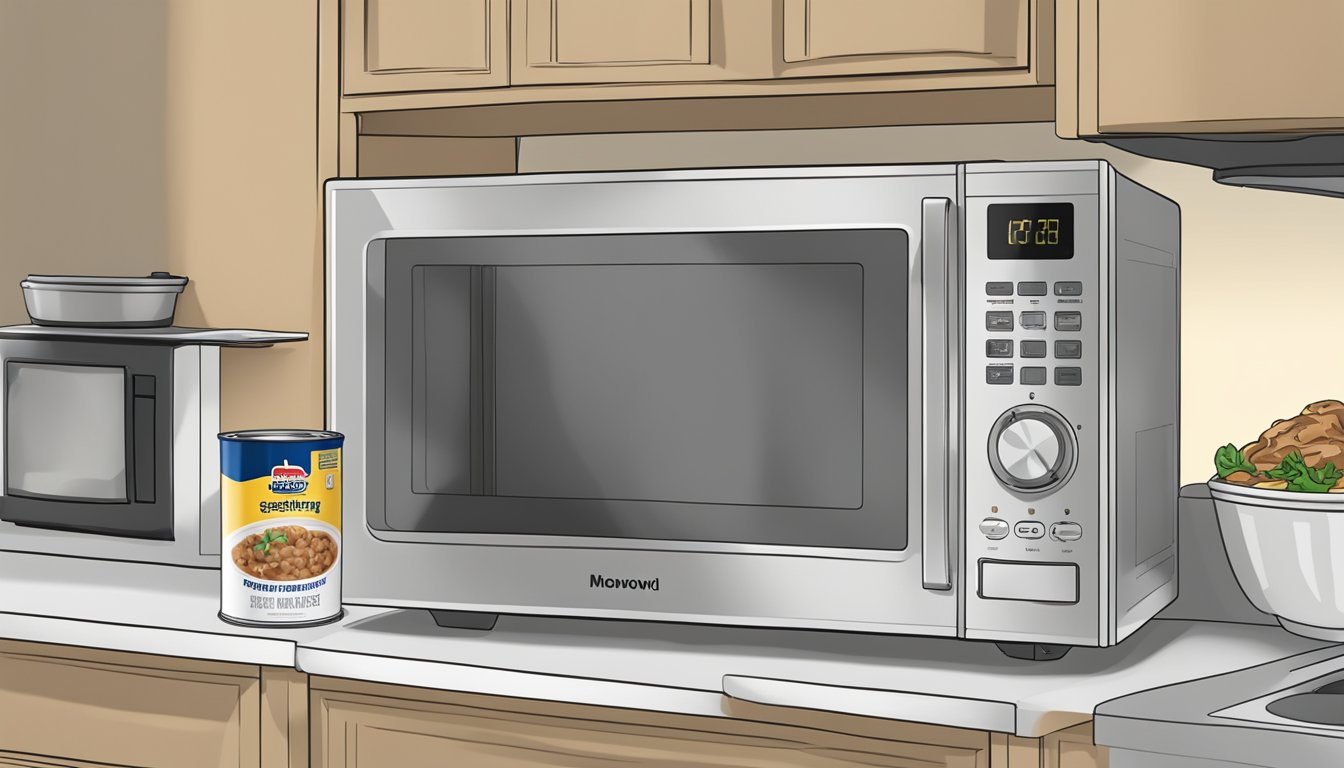 A can of beef stroganoff sits on a shelf next to a microwave. The microwave door is open, and the can is being placed inside