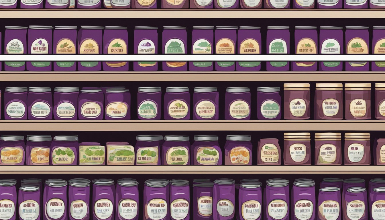 A pantry shelf with rows of canned grape jelly, some with expiration dates visible