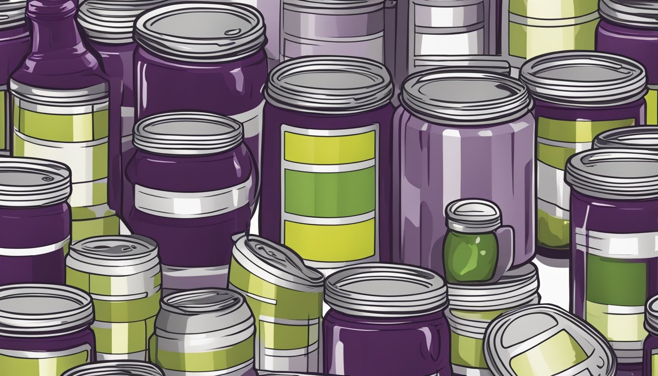 An open can of grape jelly surrounded by various expiration dates and storage guidelines