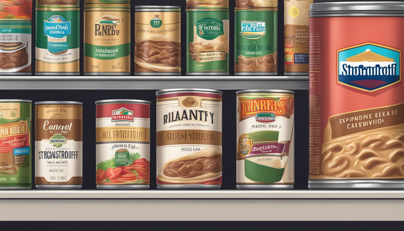 A pantry shelf with expired canned beef stroganoff and a visible expiration date