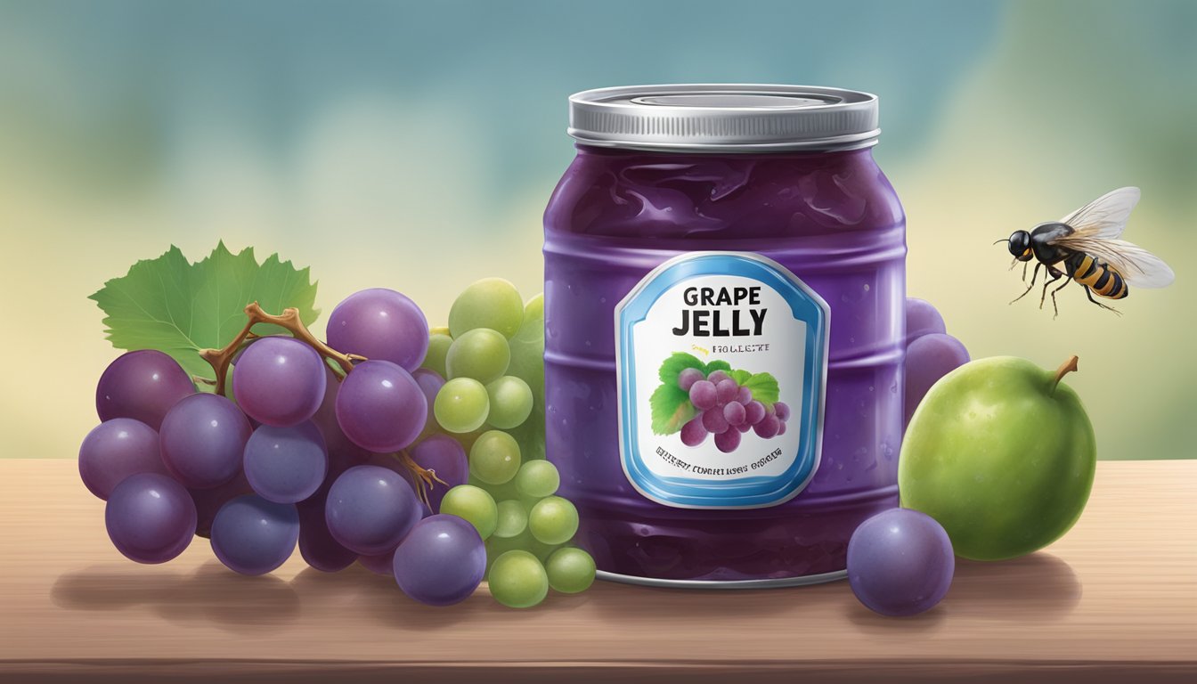 A bulging, dented can of grape jelly with a moldy film on the surface, surrounded by fruit flies