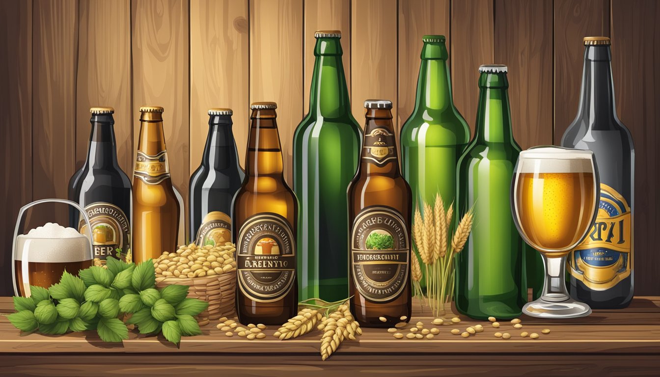 A variety of beer bottles and cans arranged on a wooden table, surrounded by hops, barley, and other beer ingredients