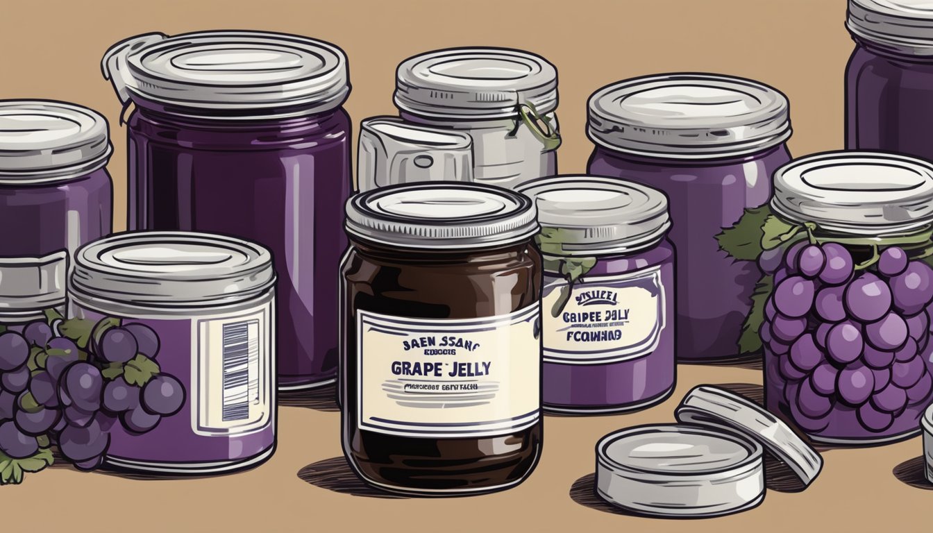 An open jar of grape jelly surrounded by various canned goods, with an expiration date label clearly visible on the lid