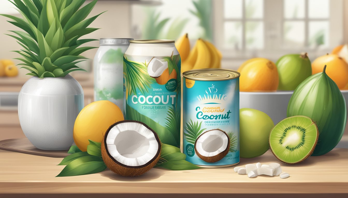 A can of coconut cream sits on a kitchen counter, surrounded by tropical fruits and a calendar. The can's expiration date is clearly visible