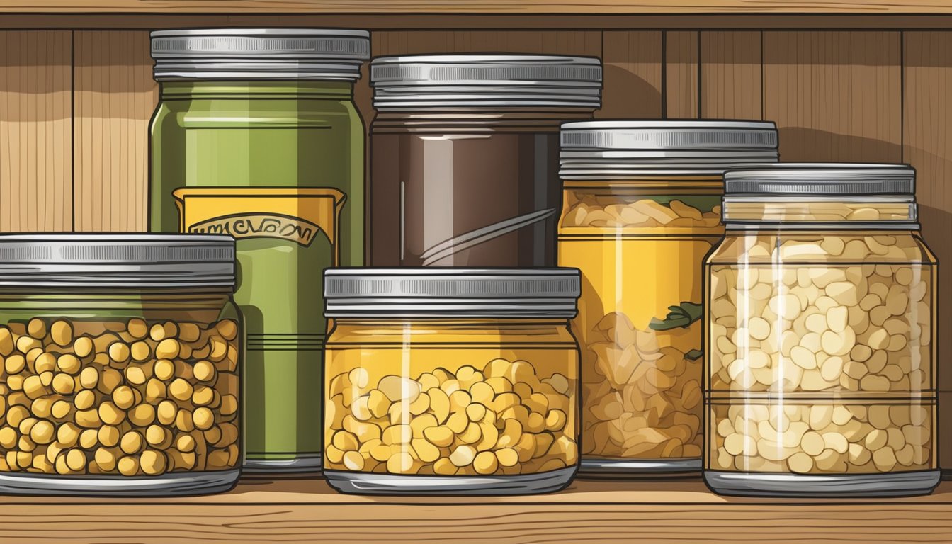 A pantry shelf filled with neatly organized rows of canned goods, including cans of macaroni and cheese, with a thermometer indicating the ideal storage temperature