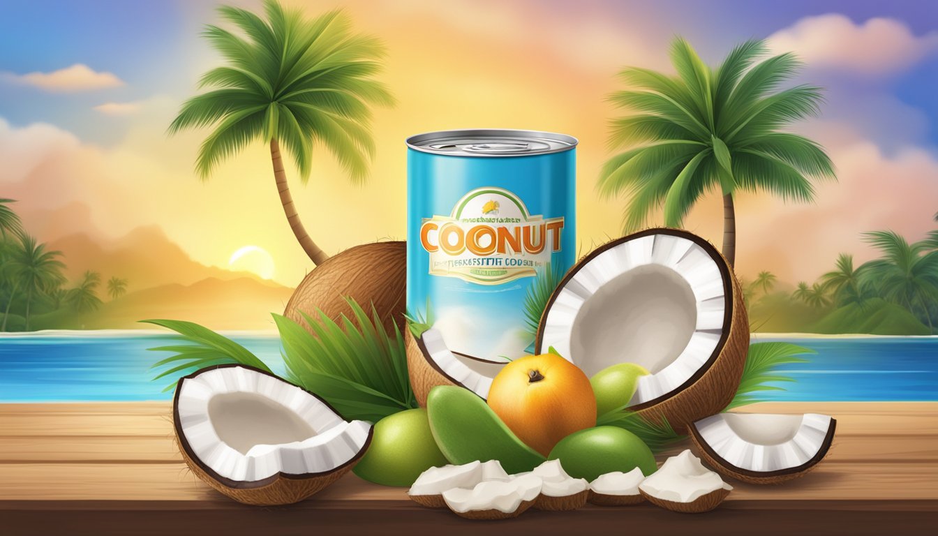 A can of coconut cream surrounded by vibrant tropical fruits and a coconut tree in the background