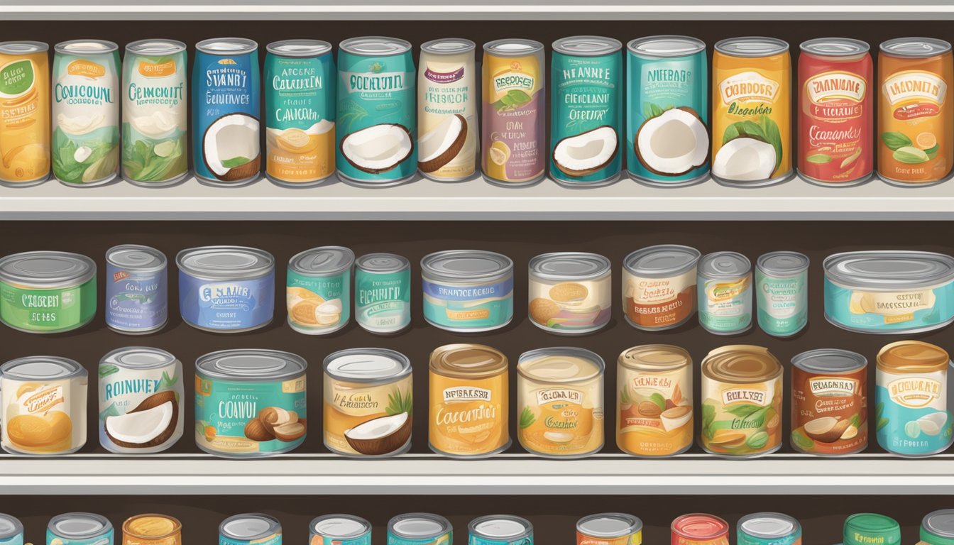 A pantry shelf with rows of canned coconut cream, some with expiration dates, others unopened