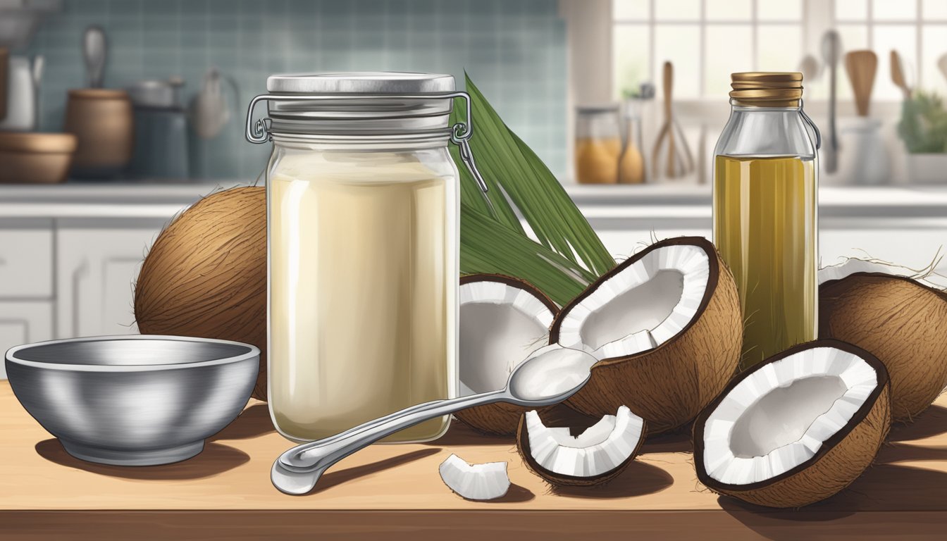 A jar of coconut oil sits on a kitchen counter, surrounded by various cooking ingredients and utensils. The lid is slightly ajar, with a faint aroma of coconut in the air