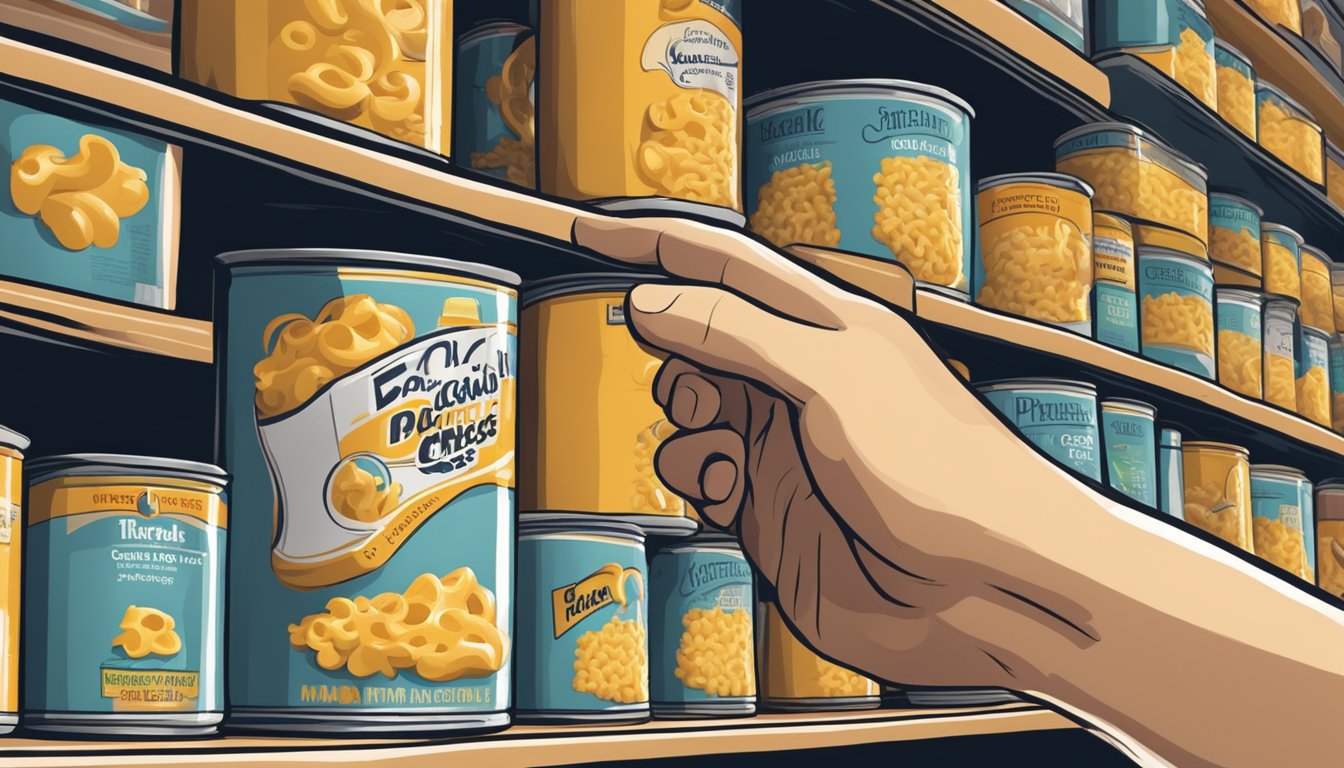 A hand reaching for a dented can of macaroni and cheese on a shelf, with other undamaged cans nearby