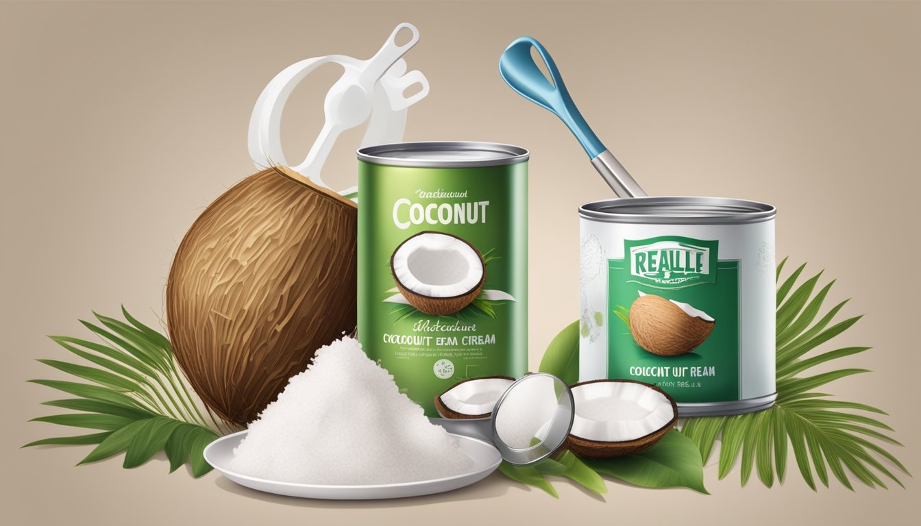 A can of coconut cream with a clear expiration date, surrounded by various kitchen utensils and a magnifying glass for inspection