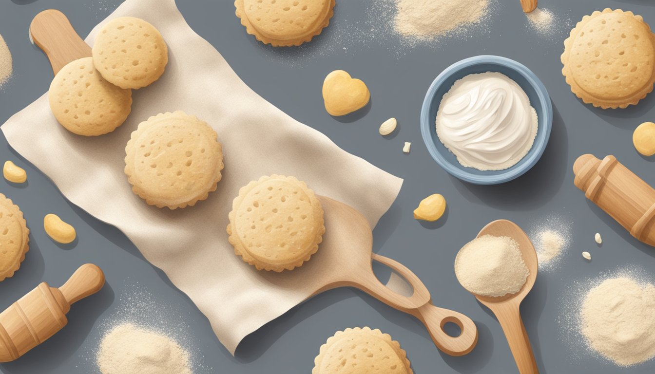 A bowl of biscuit dough sits on a floured surface, covered with a cloth. A few ingredients like flour and a rolling pin are nearby