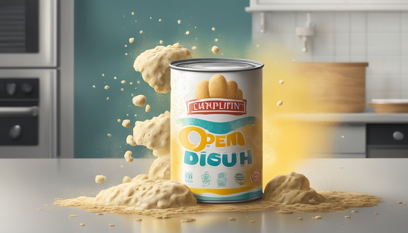 A can of open biscuit dough sits on a counter, surrounded by moldy spots and emitting a foul odor