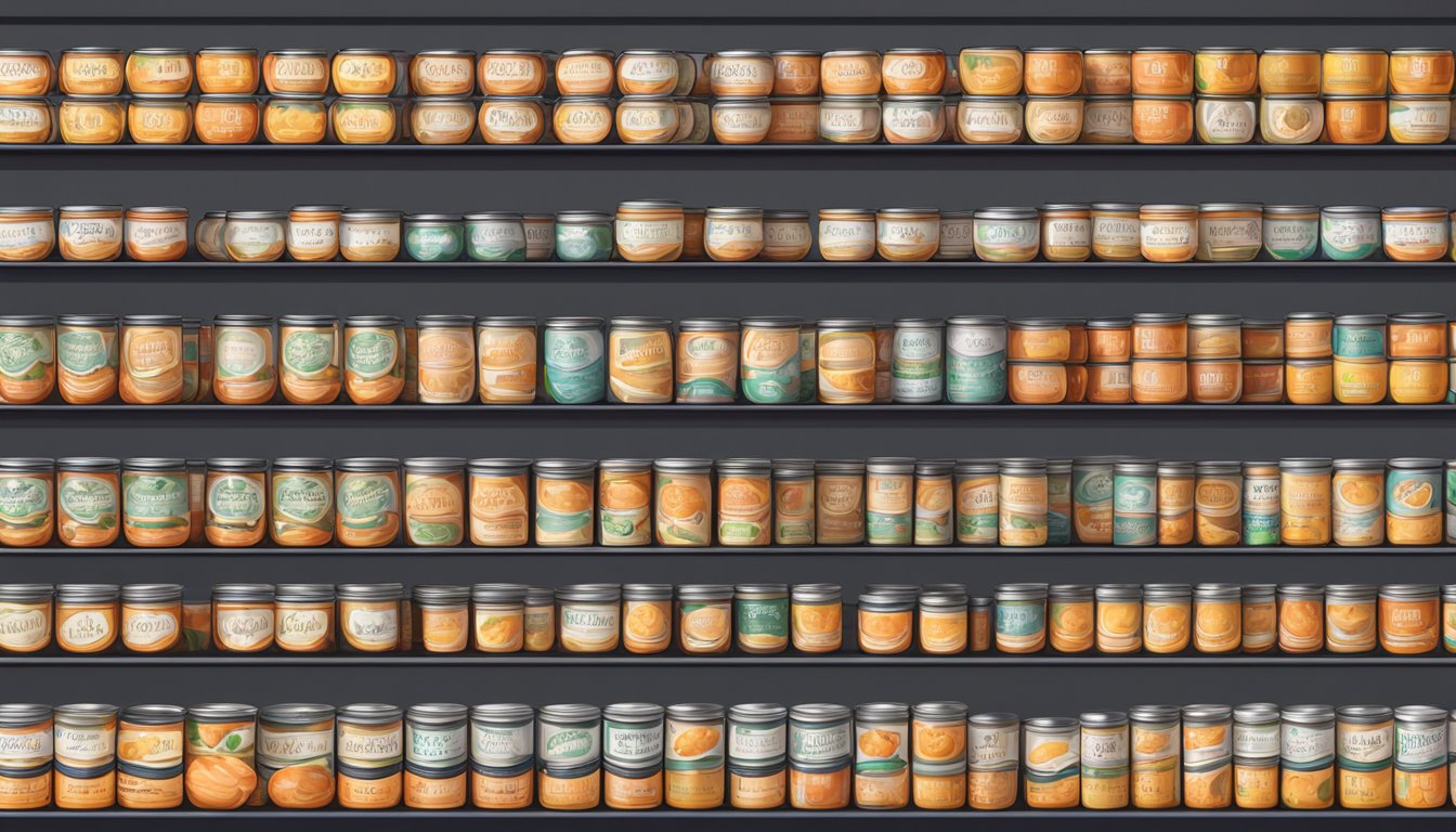 A shelf with rows of neatly stacked canned apricot jelly, some with expiration dates visible