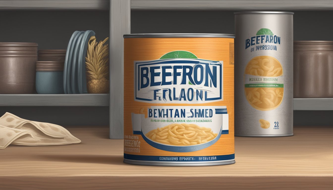 A can of beefaroni sits on a dusty shelf, its label faded and dented. The expiration date is long past, and the contents inside are starting to show signs of spoilage