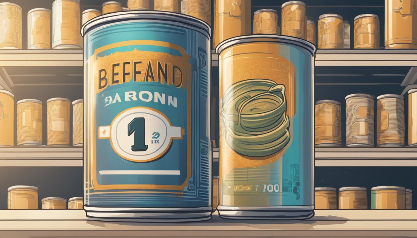 A can of beefaroni sits on a shelf with a faded expiration date. A question mark hovers over it, indicating uncertainty about its health implications