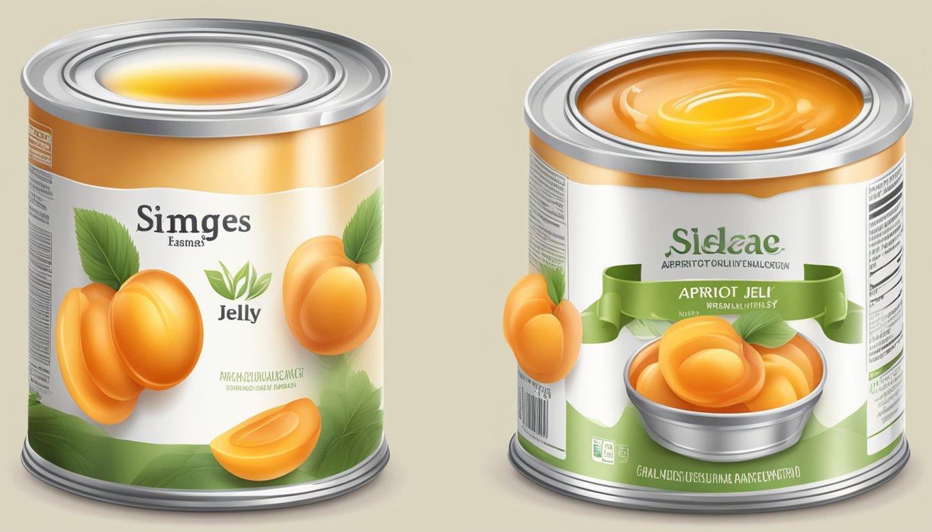 A can of apricot jelly with visible signs of spoilage, such as mold or discoloration