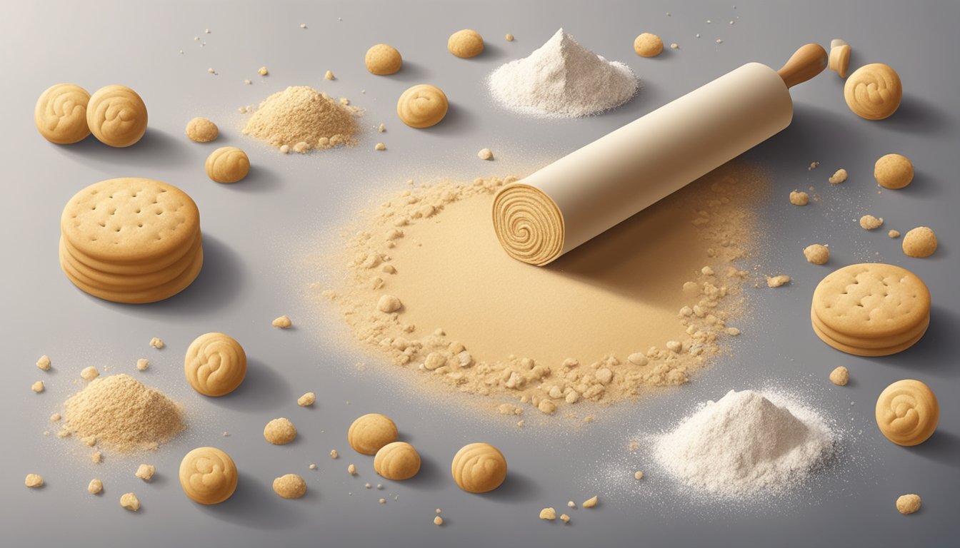 A roll of biscuit dough sits on a floured surface, surrounded by scattered flour and a rolling pin