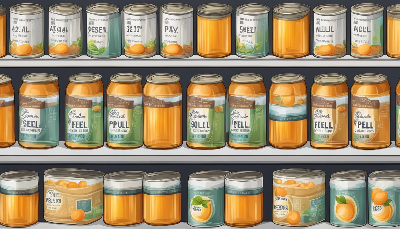 A shelf of canned apricot jelly with varying expiration dates