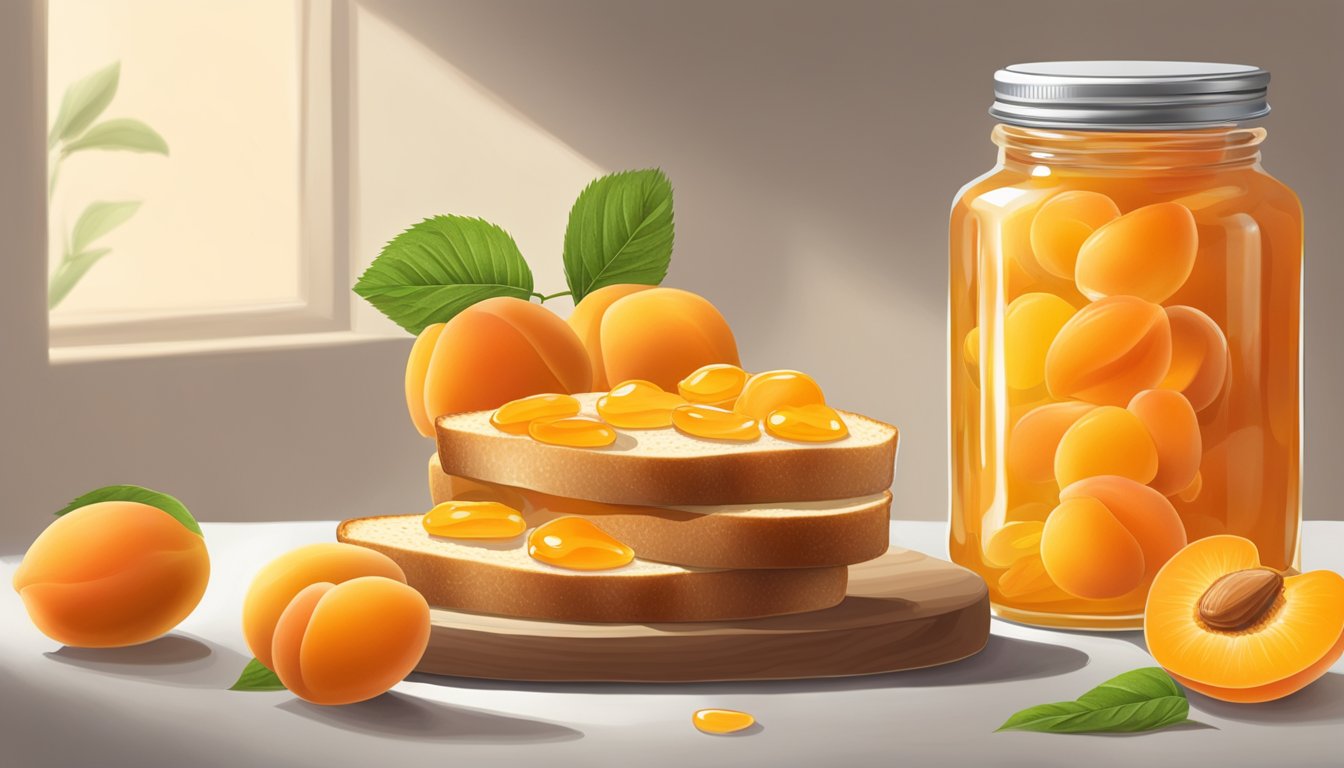 A jar of apricot jelly surrounded by fresh apricots and spread on a slice of toast