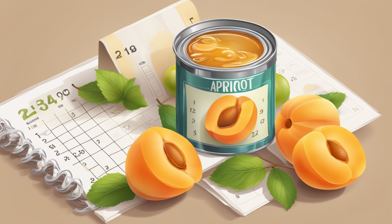 A can of apricot jelly surrounded by various fruits and a calendar showing the expiration date