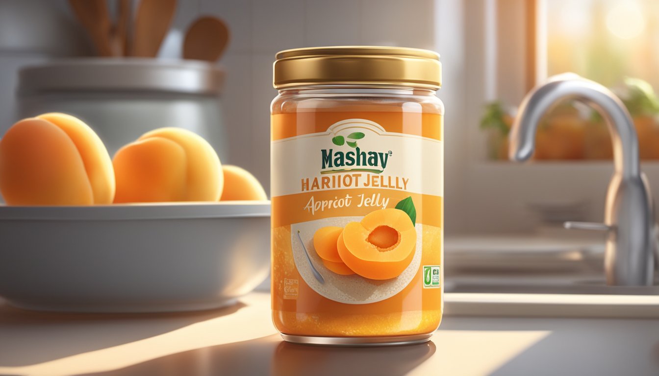 A half-opened can of apricot jelly sits on a kitchen counter, surrounded by scattered crumbs and a spoon. The morning sunlight streams through the window, casting a warm glow on the scene