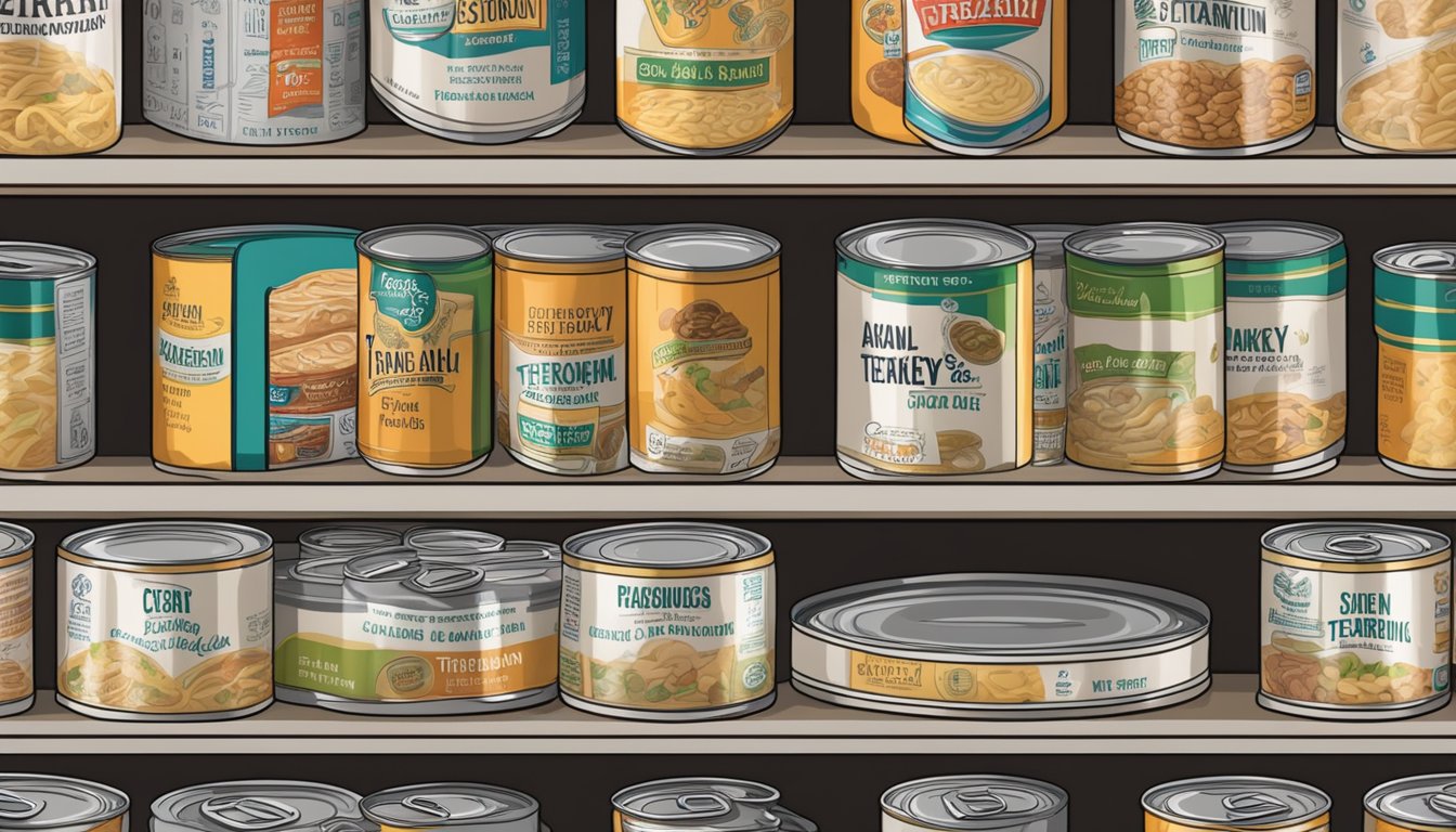 A pantry shelf with rows of canned goods, including a labeled can of turkey tetrazzini, with expiration date visible