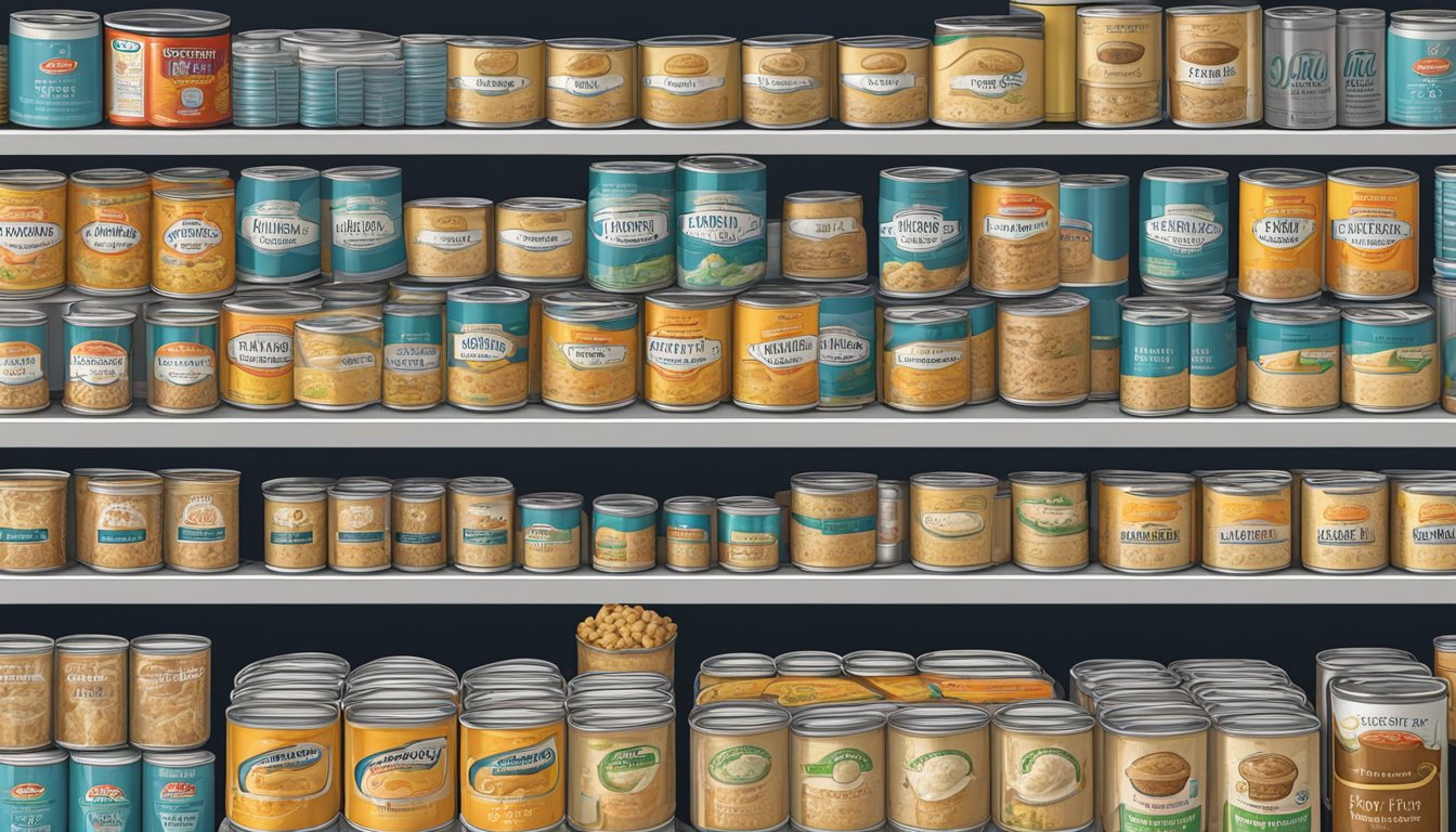 A pantry shelf with rows of canned turkey tetrazzini, some with expiration dates