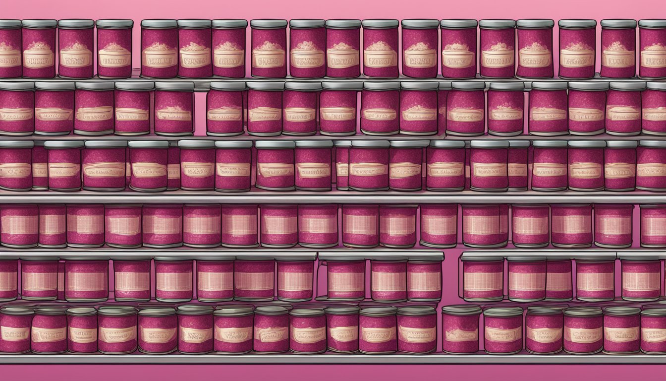 A shelf with rows of neatly stacked canned raspberry jam, some with expiration dates visible