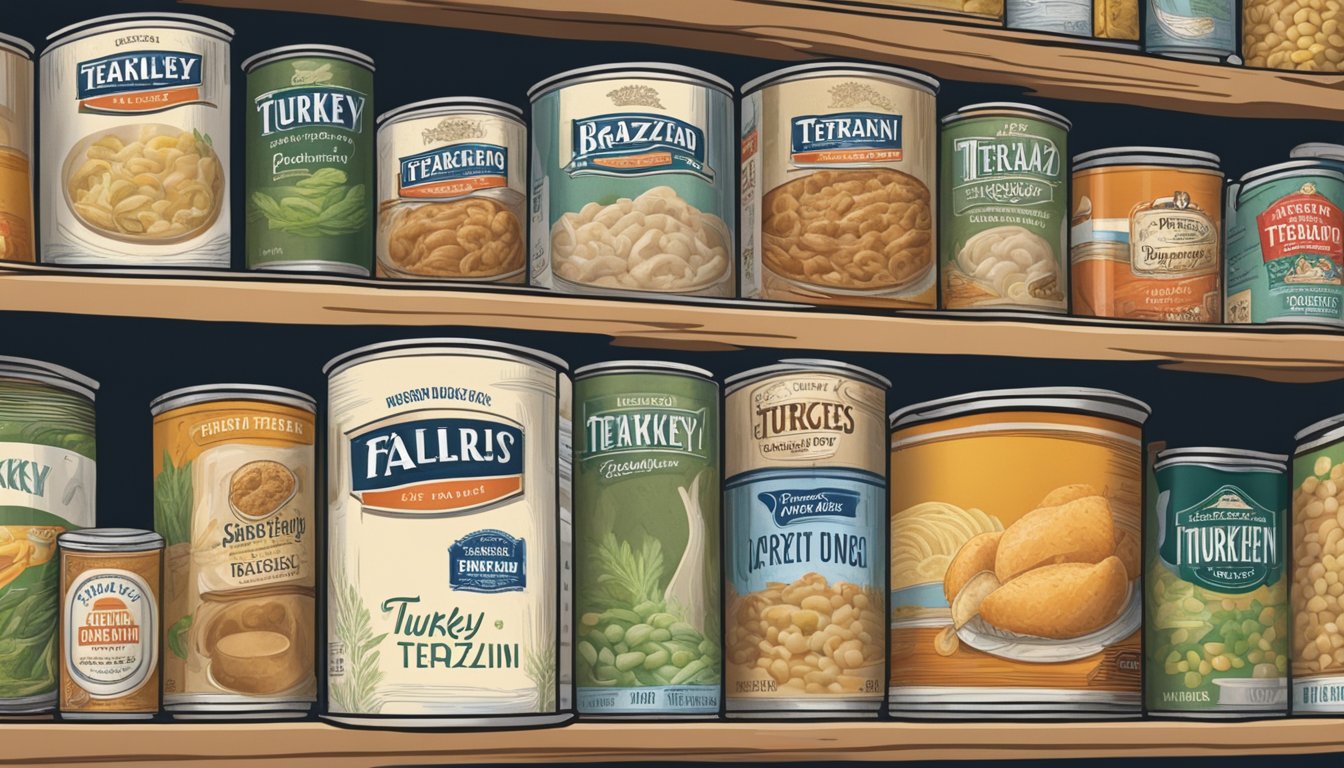 A can of turkey tetrazzini sits on a cluttered pantry shelf, surrounded by other canned goods and food items. The label on the can is slightly faded, hinting at its age