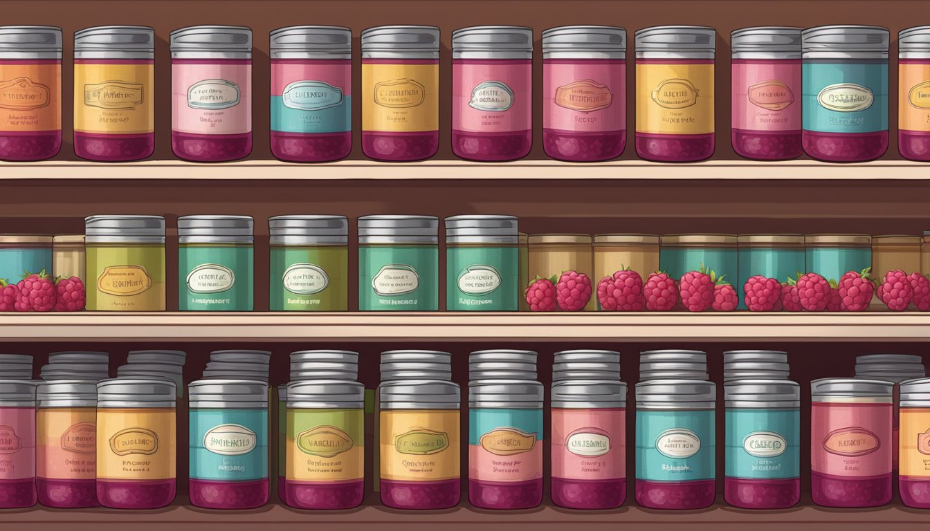 A shelf in a pantry with rows of neatly labeled canned raspberry jam, some with expiration dates visible