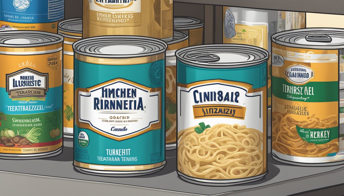 A can of turkey tetrazzini sits on a pantry shelf, surrounded by other canned goods. The expiration date is clearly visible on the label