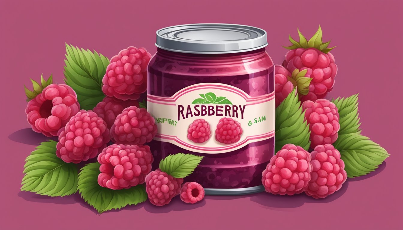 A can of raspberry jam with a faded and dented label, surrounded by moldy raspberries and a foul odor