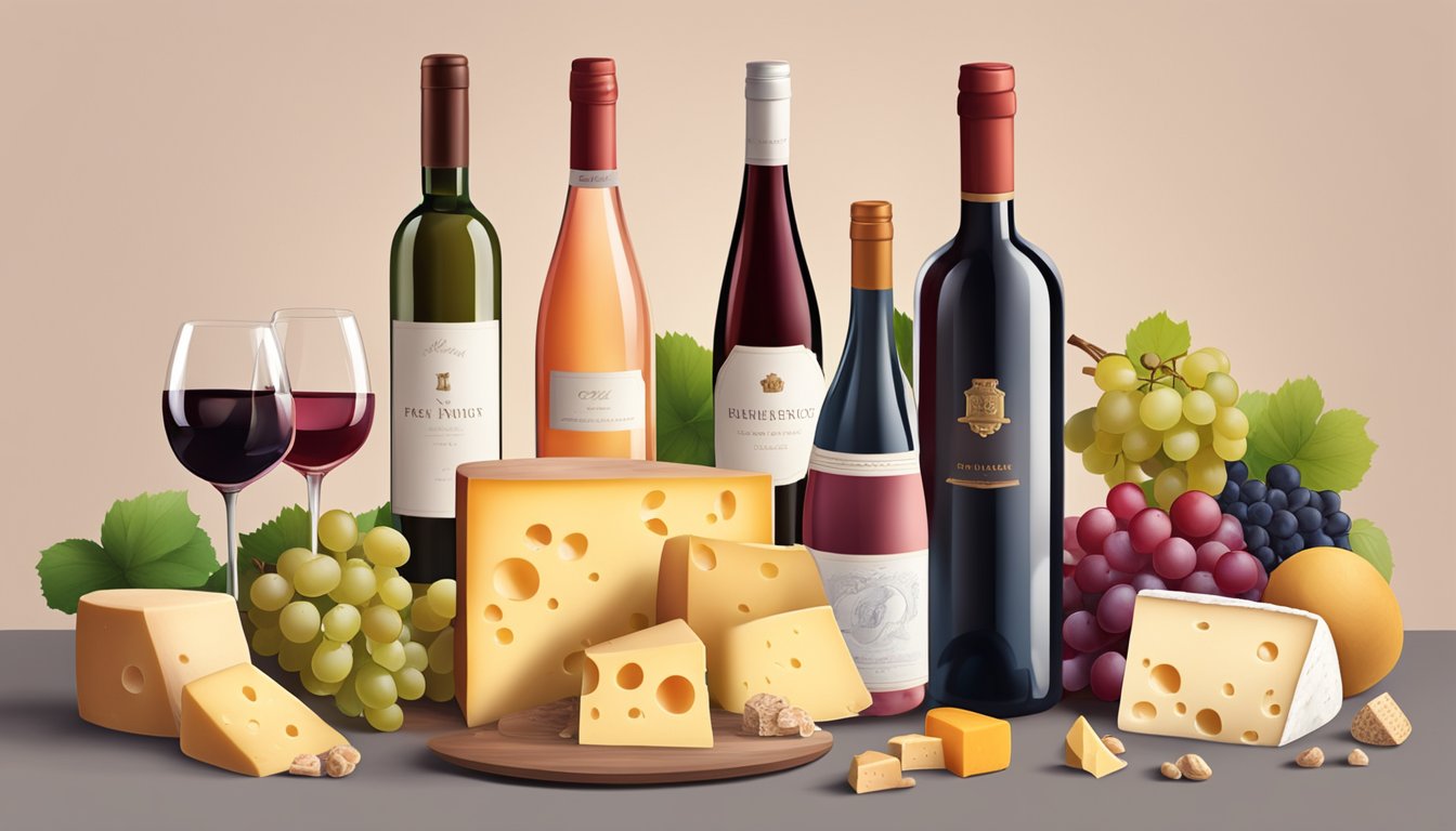 A table with two open bottles of wine, one rosé and one Pinot Noir, surrounded by scattered wine glasses and a variety of cheese and fruit