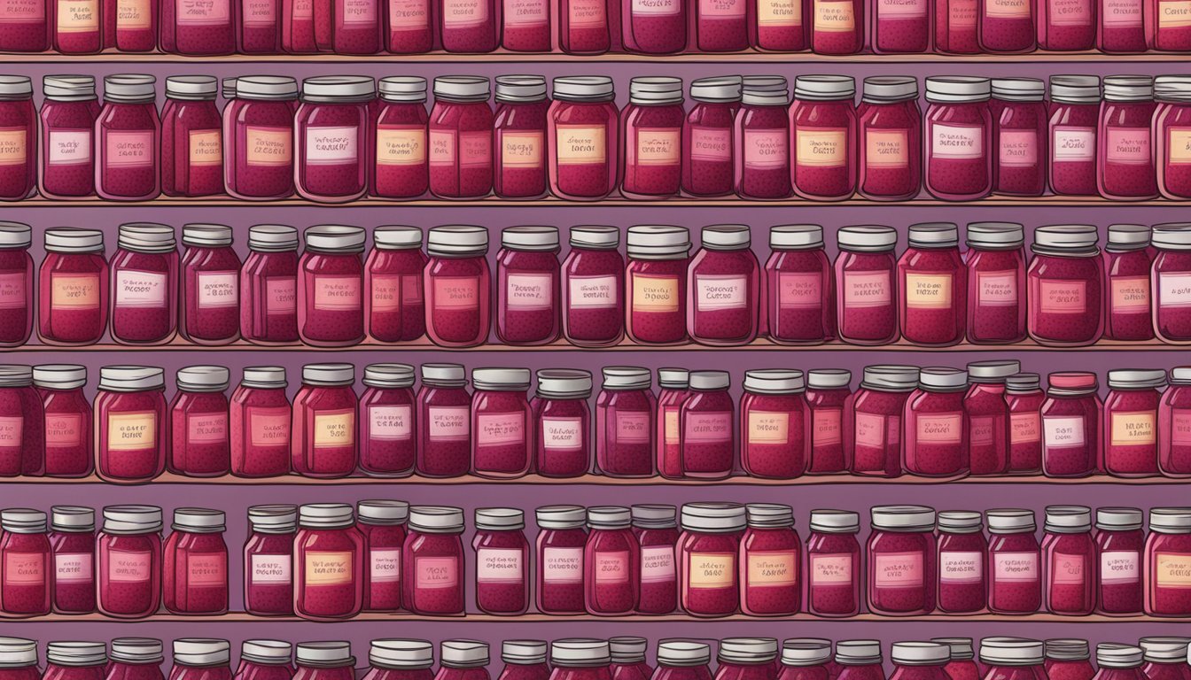 A row of vibrant raspberry jam jars, neatly labeled and stacked on a shelf, with a calendar showing expiration dates in the background