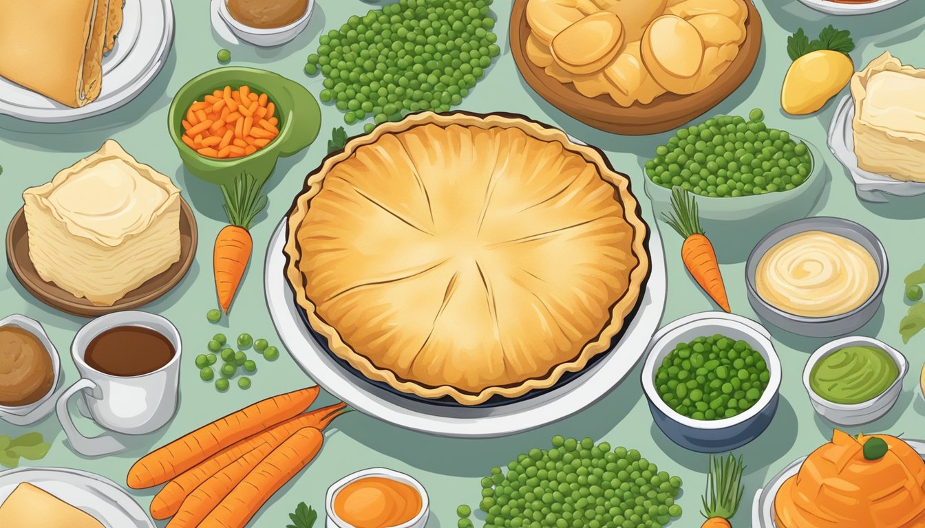 A colorful can of turkey pot pie surrounded by various ingredients like carrots, peas, and flaky pastry, with a "best by" date clearly visible