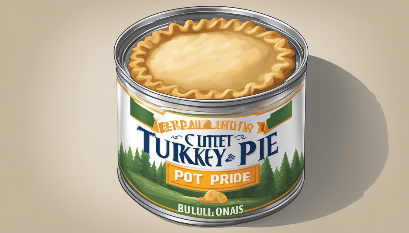 A can of turkey pot pie with expired date, bulging lid, and foul odor