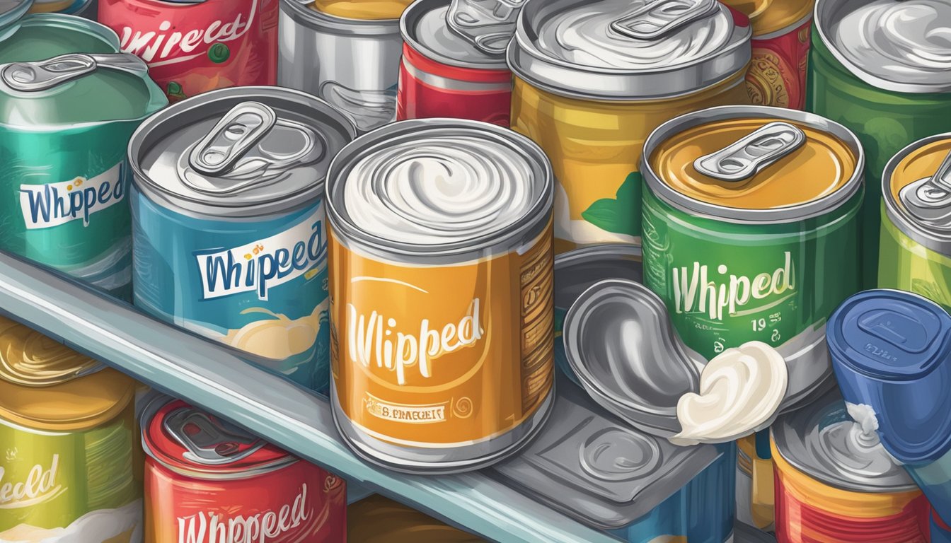 A can of whipped cream sits on a shelf, surrounded by other canned goods. The expiration date is clearly visible on the label