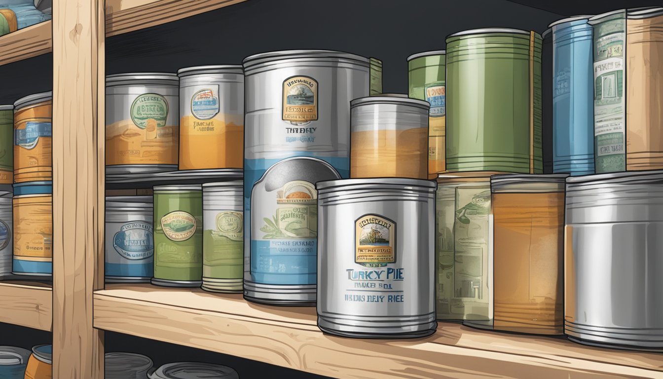 A can of turkey pot pie sits on a shelf, surrounded by various storage conditions - heat, cold, humidity, and light - impacting its expiration date