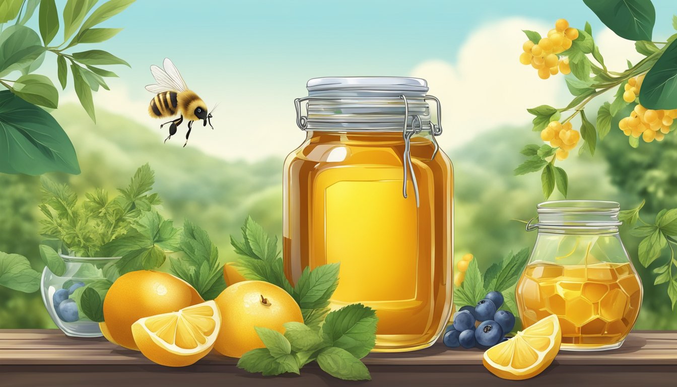 A jar of honey surrounded by various fruits and herbs, with a background of lush greenery and a clear blue sky