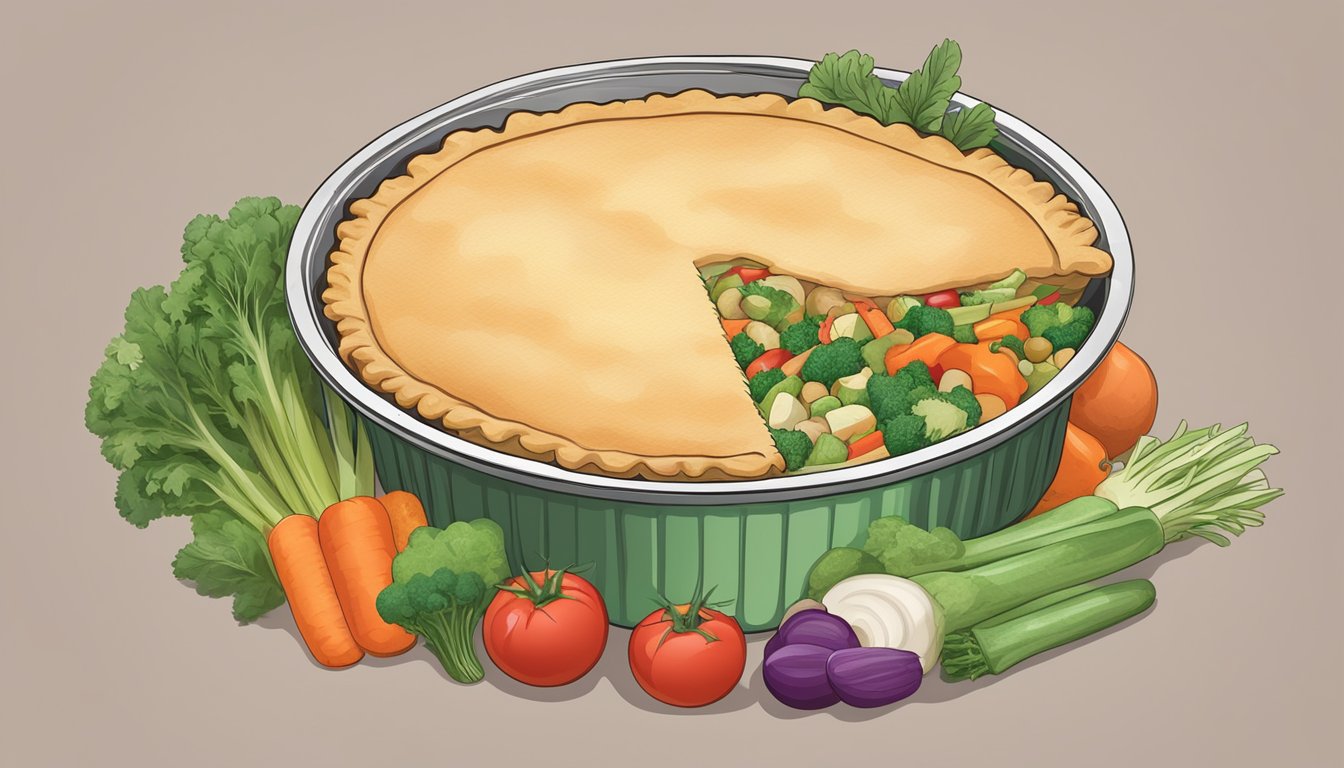 A colorful can of turkey pot pie surrounded by a variety of fresh vegetables and herbs, with a nutrition label and expiration date clearly visible