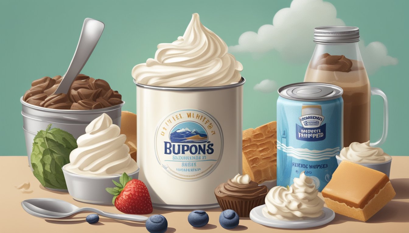 A can of whipped cream sits on a kitchen counter, surrounded by various dessert ingredients. The expiration date on the can is clearly visible