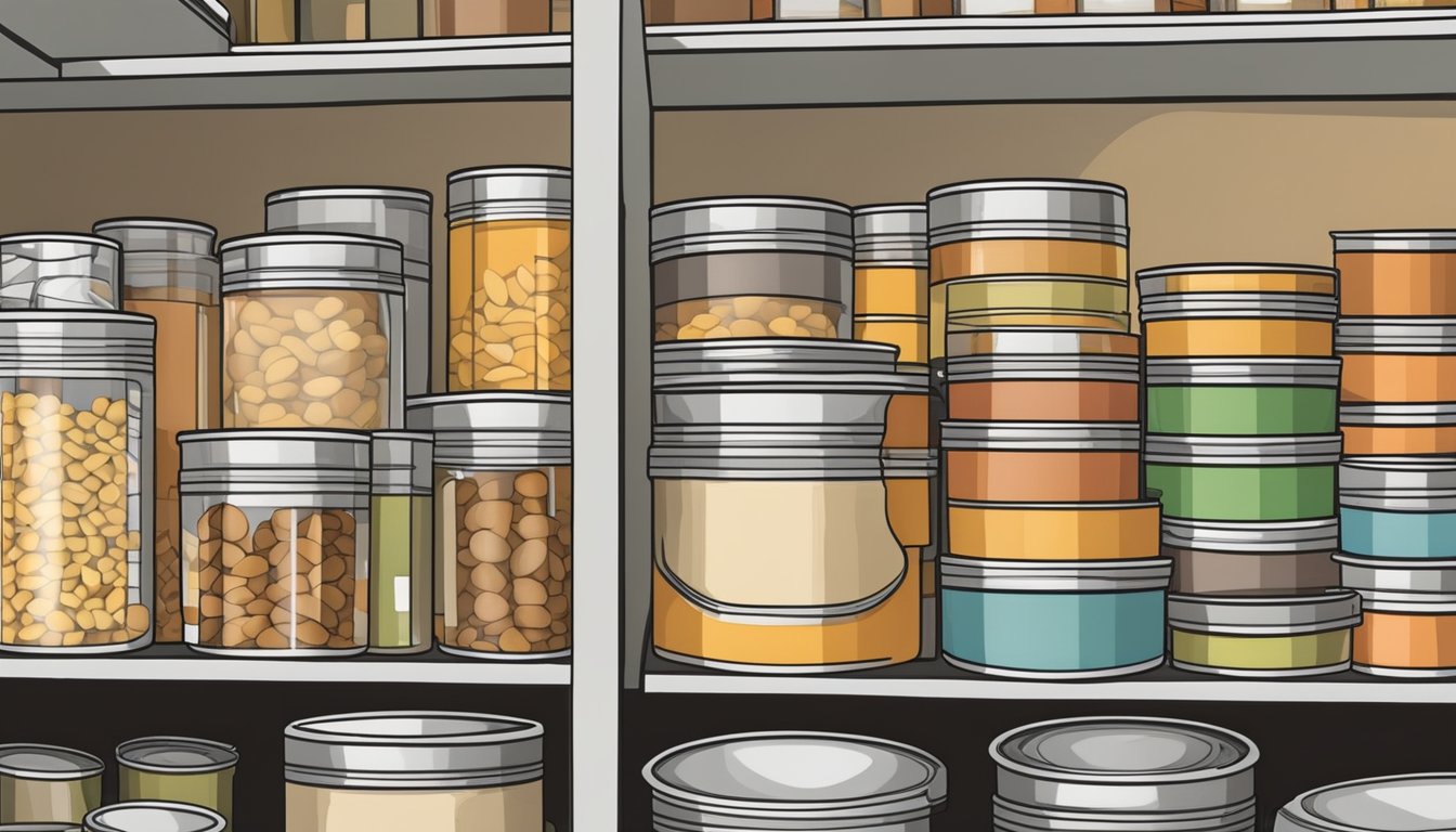 A fully stocked pantry with neatly organized canned goods, including a can of turkey pot pie, with expiration dates clearly labeled