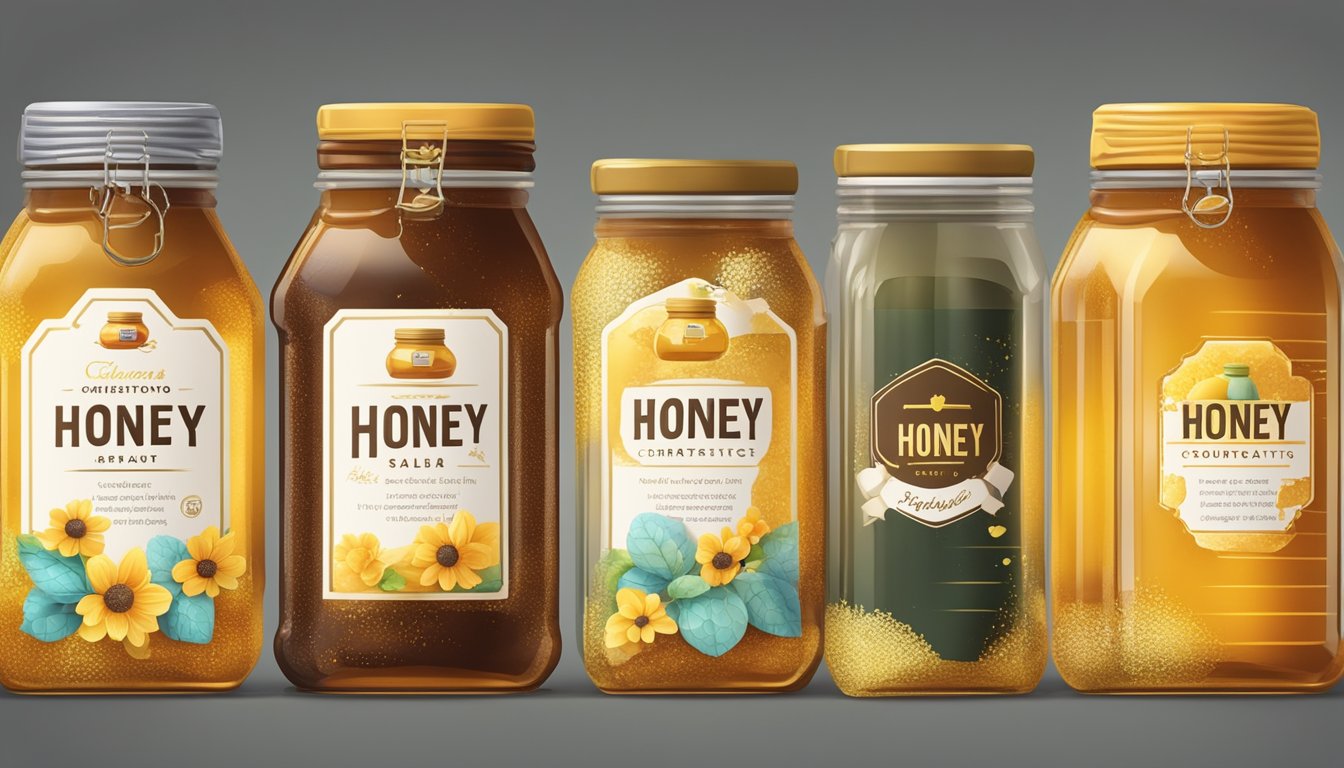 A variety of honey jars with different colors and textures, accompanied by labels detailing their unique characteristics