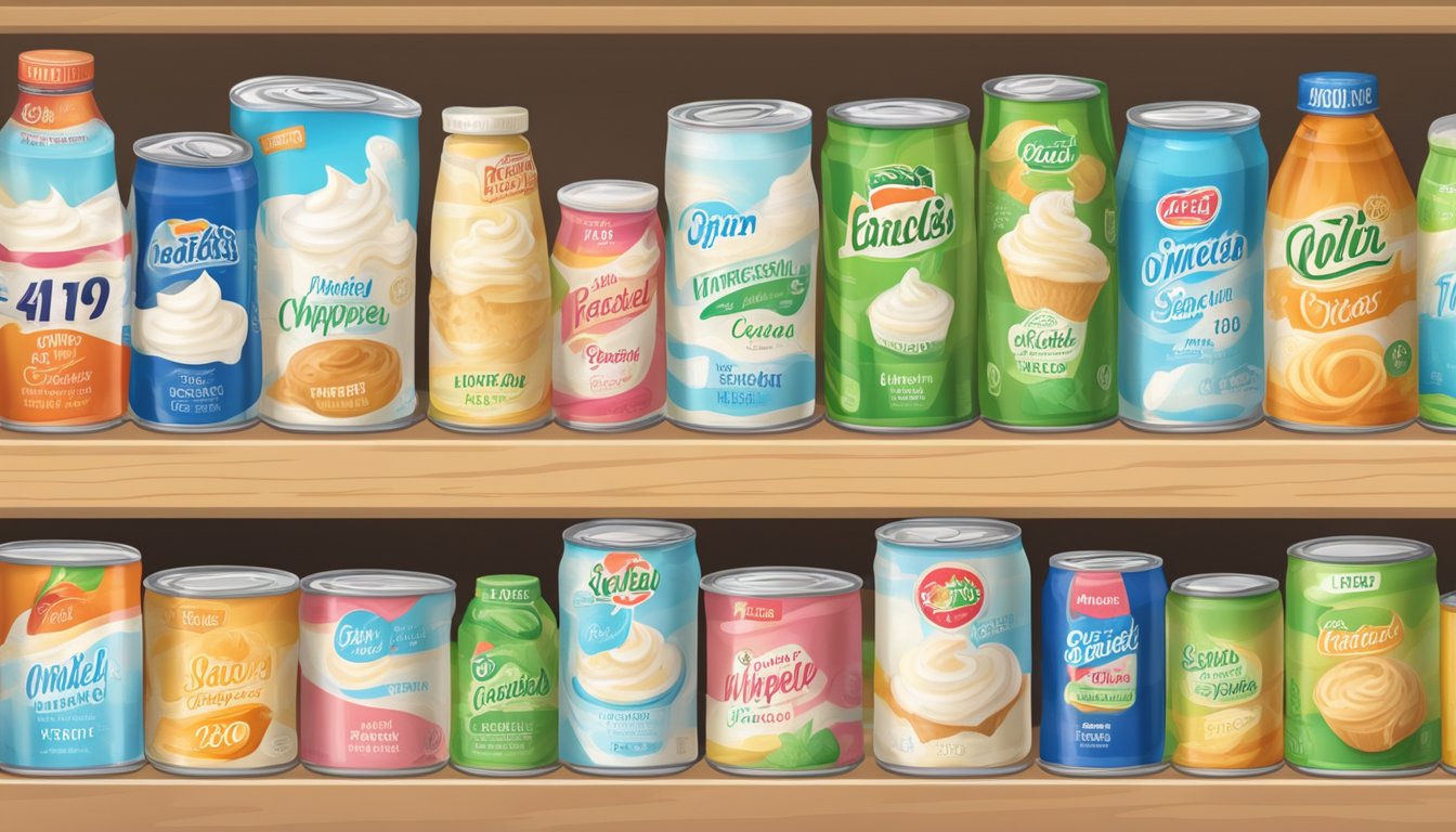 A variety of canned whipped cream with different expiration dates displayed on a shelf in a grocery store