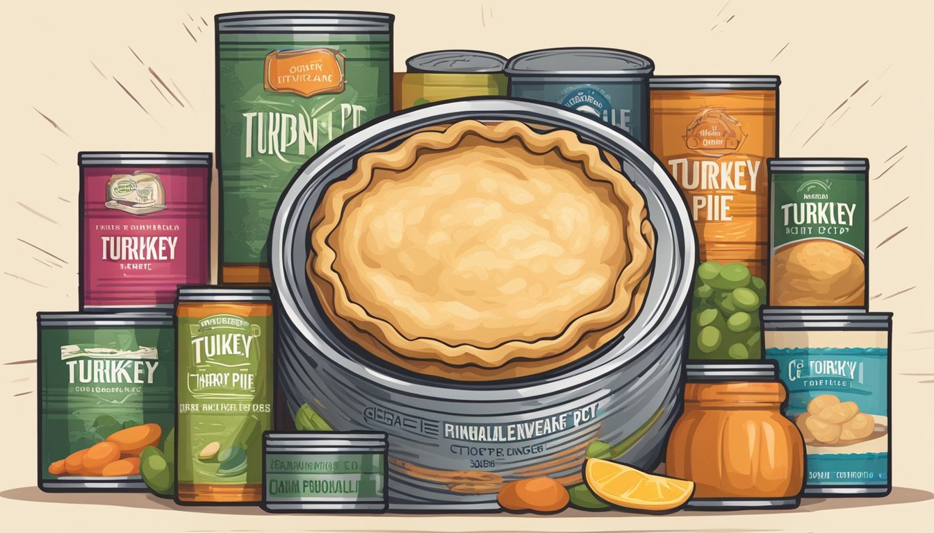 A colorful can of turkey pot pie sits on a shelf, surrounded by other canned goods. The label is clean and intact, with no signs of spoilage