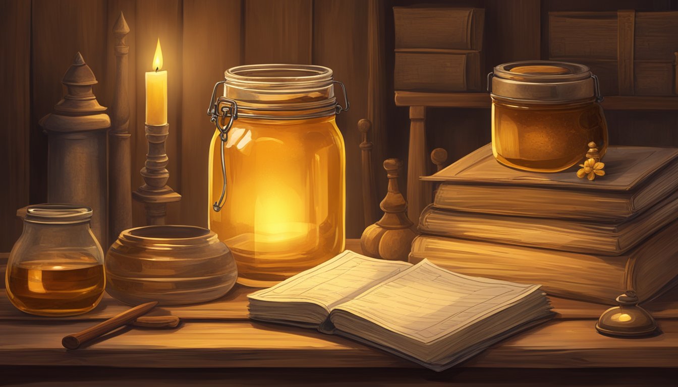 A jar of honey sits on a rustic wooden table, surrounded by ancient artifacts and historical documents. The warm glow of candlelight illuminates the scene