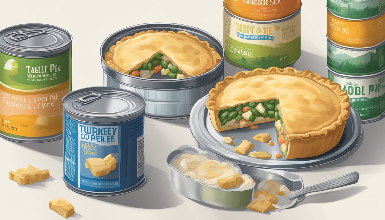 A table with fresh, frozen, and canned foods. A turkey pot pie in a can with expiration date visible