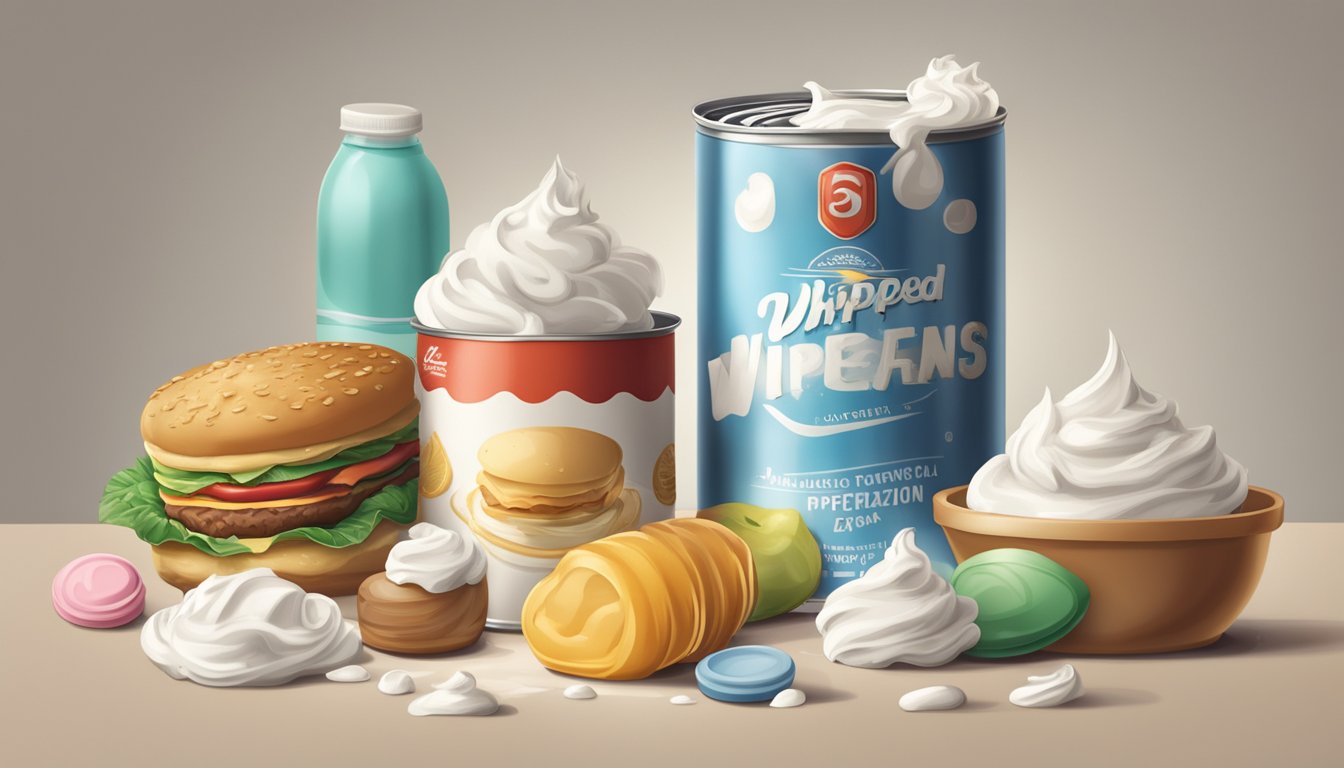 A can of whipped cream sits on a kitchen counter, surrounded by various food items. The can shows signs of expiration, with a bulging and dented top