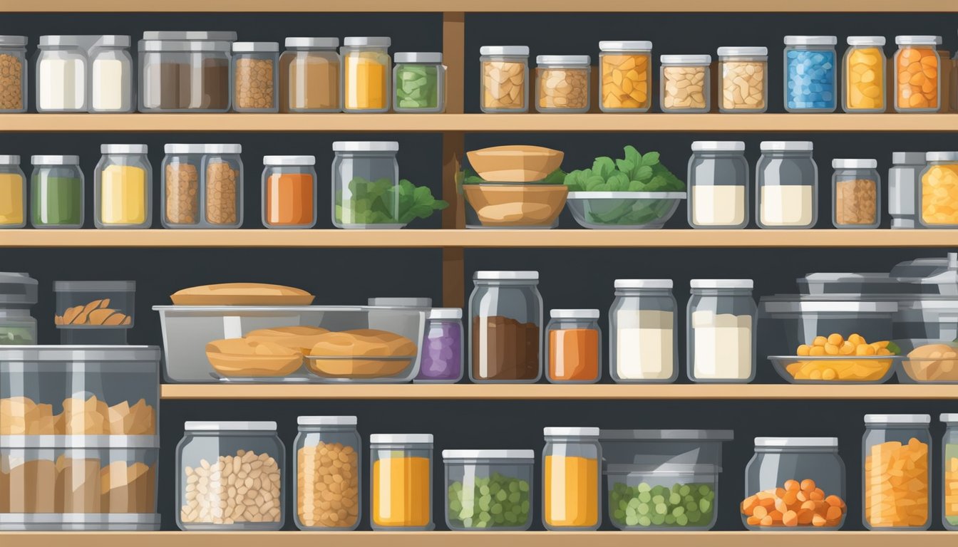 A fully stocked pantry with neatly organized shelves, filled with canned goods including turkey pot pie, and various other non-perishable items