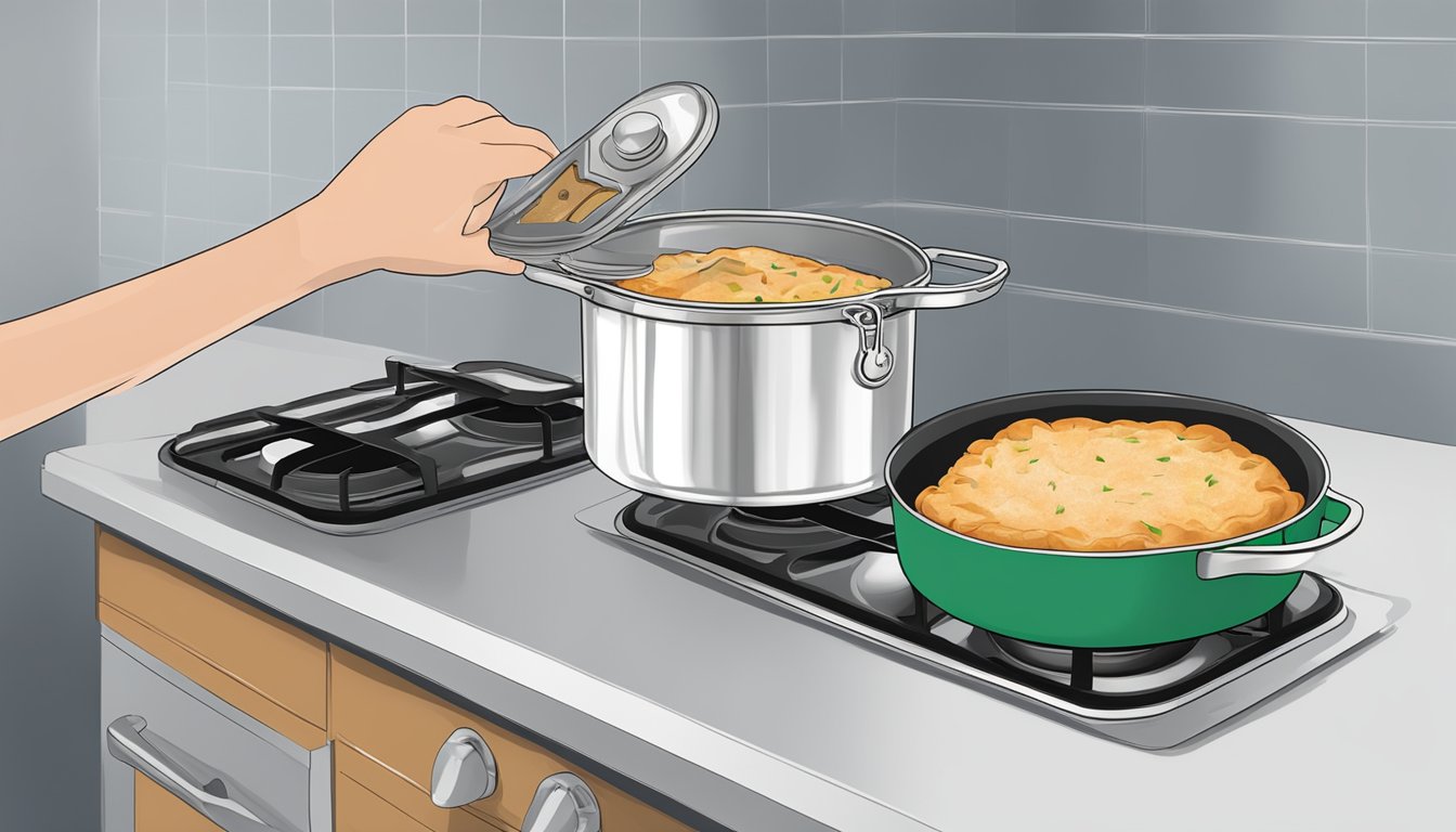 A person opening a can of turkey pot pie with a can opener, pouring the contents into a pot, and heating it on a stovetop before serving